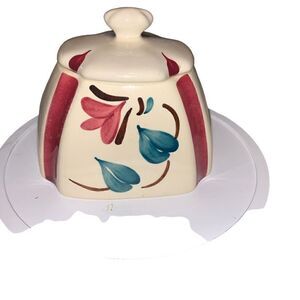 Purinton Slip Ware Handpaint Pottery Ivy Red Blossom Canister w/Lid VTG 1940s US